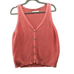 Loft Sweater Vest Cardigan Womens L Pink V-Neck Button Front Cotton Sleeveless